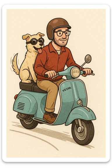 man and his pet dog riding a vespa sticker
