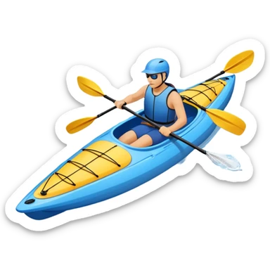 An icon showing a close-up of a kayak gliding over rippling water, with a double-bladed paddle in motion and splashes around. The sleek shape of the boat and dynamic strokes highlight the speed and precision of kayaking. Transparent background emphasizes the energy of the sport. sticker