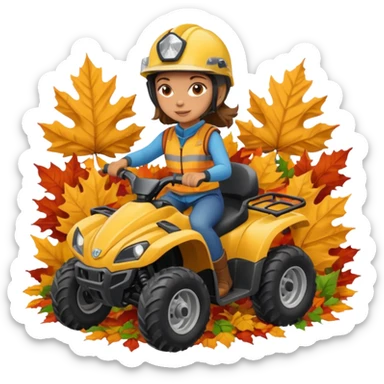 Girl driving a four wheeler through a pile of fall leaves sticker