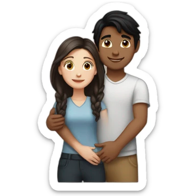 White girl with dark brown hair and indian boy with black hair hug sticker