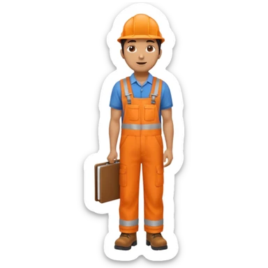 Indian male railway engineer orange overalls, boots holding a clipboard facing backwards sticker