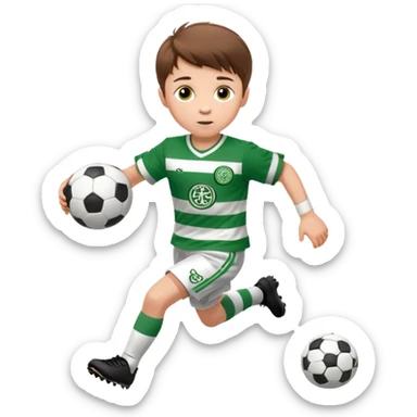 Celtic footballer jersey logo  6 years old brown hair white boy , brown eyes , stripes uniform , RUNNING  with soccer ball # 17 celtic football logo PUT ONLY ONE LOGO ONE CELTIC LOGO ONLY  sticker