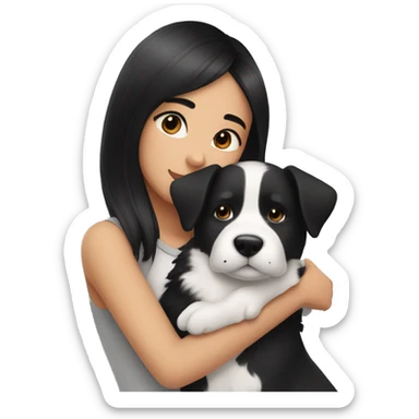 medium black hair girl cuddling a black and white dog sticker