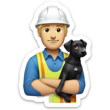 Blonde male Construction worker wearing a hat and blue work wear with little black dog on his arm sticker