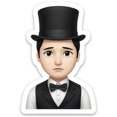 A man with snow white skin, a black half mask with an eye hole, a black top hat, a black vest with a black tie tucked underneath, and a white collared shirt. A frown, and closed eyes. sticker