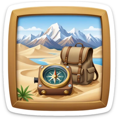 Icon for Expeditions: a compass, a map, a backpack and a rugged expedition jeep, set against a backdrop of snowy mountains, sand dunes and tropical islands. The icon should capture the spirit of adventure and exploration in diverse landscapes. Transparent background. sticker