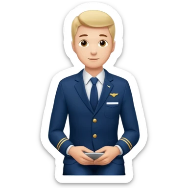 A  male courteous flight attendant checking seat rows with a polite, attentive posture. sticker
