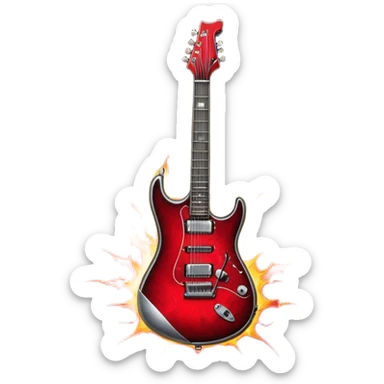 Create a fierce and edgy emoji representing hardcore rock vocal performance in a humanless collage. The design should feature a vintage microphone at the center, Add crossed drumsticks behind the microphone to symbolize the rhythm and power of the drums. surrounded by a menacing, distorted electric guitar with sharp, aggressive angles. Include subtle elements like lightning bolts, flames, or jagged sound waves to evoke the raw energy and intensity of hardcore rock. Use dark, intense colors like black, red, and silver, with a metallic, gritty finish to convey the rebellious, aggressive spirit of the genre. The background should be transparent. sticker