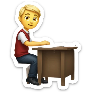 European schoolboy sitting at desk, working at computer sticker