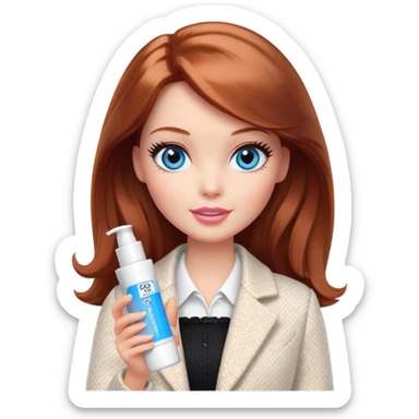 A Barbie girl with blue eyes, shoulder-length reddish-brown hair, made-up, in a white tweed jacket and black skirt, holding a tube of pale beige face cream sticker
