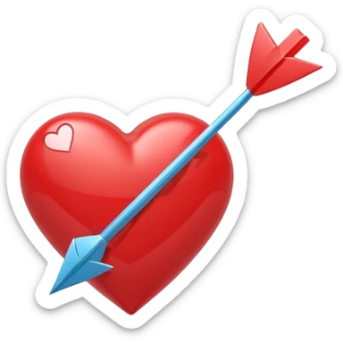 Apple-style 3D illustration of a glossy red heart pierced by a horizontal double-ended arrow. One end of the arrow has a small female symbol, the other end has a small male symbol. The heart is centered, shiny, with soft shadows, floating on a clean white background, minimal and emotional design sticker