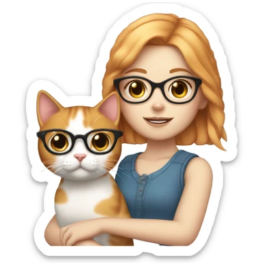 White skin, short strawberry-blonde haired girl with glasses holding calico cat sticker