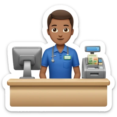 Supermarket employee at a cash register, full body, serving a man sticker