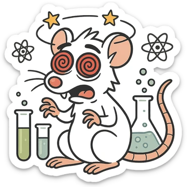 A dizzy lab rat with spiral eyes, stars around its head, white fur, cartoon style with red glowing eyes and scientific elements, not in kawaii style. sticker
