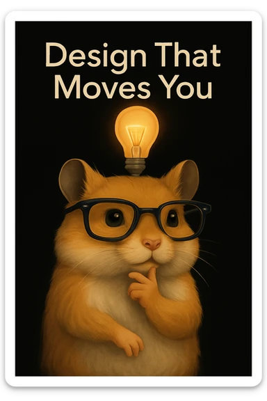 Add the text 'Design That Moves You' in a modern, clean font above or beside the modern, semi-realistic hamster with cool glasses and a lightbulb on a solid black background. Maintain the modern, semi-realistic style of the hamster with cool glasses and a lightbulb as in the reference image. sticker