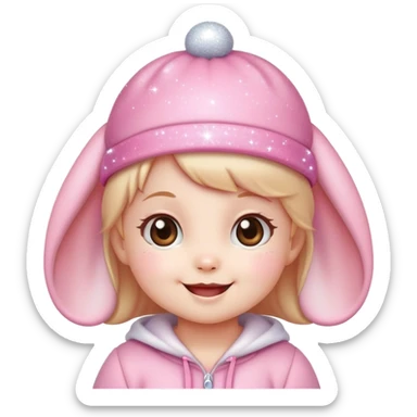 Kawaii baby girl emoji, smiling with sparkles, pink bunny hat sticker