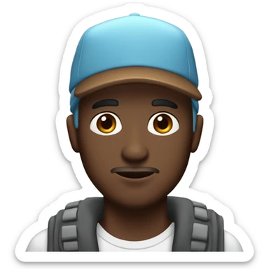 a dark brown skinned and dark brown eyes man with a cap on his head. he has thick lips. the cap is light blue with white capital text on it. the text is wolf sticker