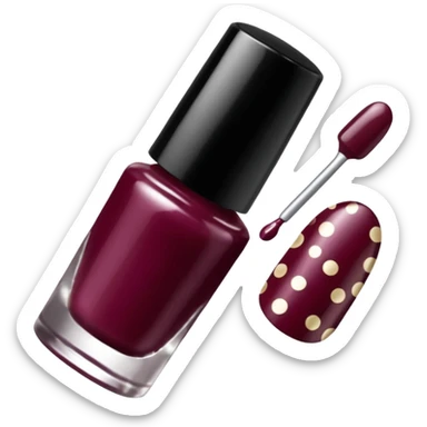 burgundy nail polish bottle, nail polish has light gold iridescence, cap is black with white polka dots, cinematic emoji sticker