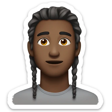 A 20 year old man with long face, septum piercing, tired brown eyes, bigger nose, face-length brown hair sticker