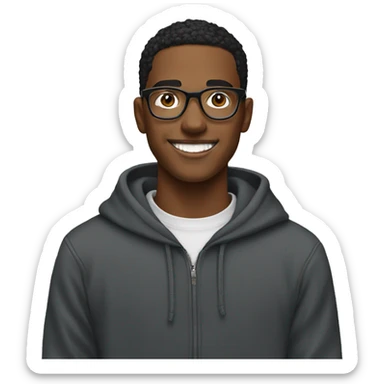 Entrepreneurial 20-year-old boy with black sweatshirt and circular glasses smiling sticker