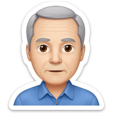 Older man with light complexion in his late 50s, round face, wide jaw, expressive brown eyes, thick eyebrows, short gray hair with visible hairline, friendly expression, wearing blue collared shirt sticker