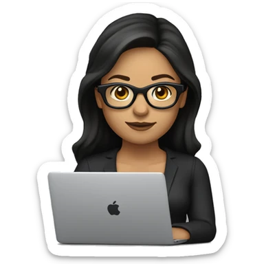 character with lightly tanned fair skin,  She is wearing wayfarer-style glasses with a black upper frame and has small gold hoop earrings. The character is a female IT developer with long,blue eyes. Her dark brown hair She is shown working with a MacBook
 sticker