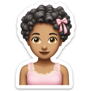 make a teenage girl emoji, mixed race, tan girl, dark grey almost black eye colour, long dark brown curls. Wearing a lace trim baby pink tank top with a small bow. One girl sticker