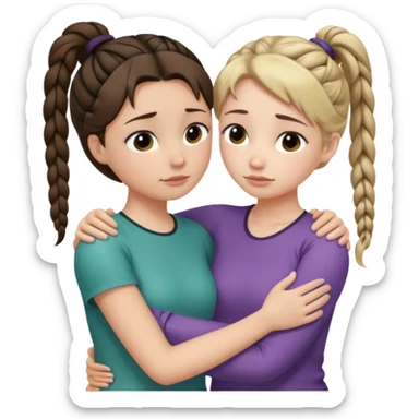 Comforting Hug two white skin women, one shorter woman with medium brown simple top ponytail, not braided, and one taller sad woman with a single long black side braid sticker