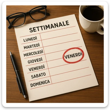 weekly calendar sheet in Italian, days from Monday to Sunday, Friday circled in red, hyperrealistic style, sharp details, desk atmosphere sticker