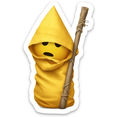 a sad yellow emoji turned around with a bindle on his back sticker