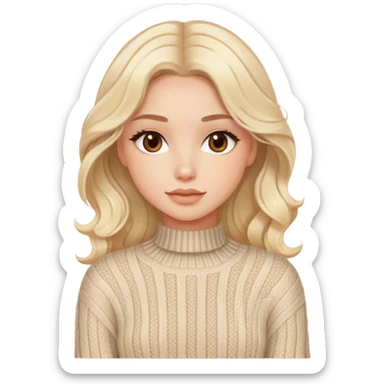 Luxury blonde model, brown eyes, sleek wavy beige-blonde hair, cozy cable knit sweater sticker