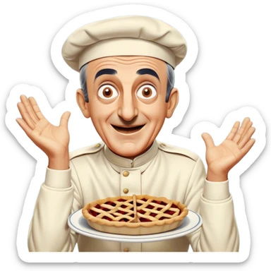 Icon for Comedy Movie: A vintage movie poster-style design with a humorous scene—Louis de Funès in his iconic comedic pose, exaggerated facial expression, and wide-open eyes. Include a slapstick element like falling over or interacting with a funny prop. Retro cinematic feel. Transparent background. sticker