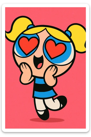Powerpuff Girls character with a love/heart eyes emotion, cartoon style, vibrant colors sticker