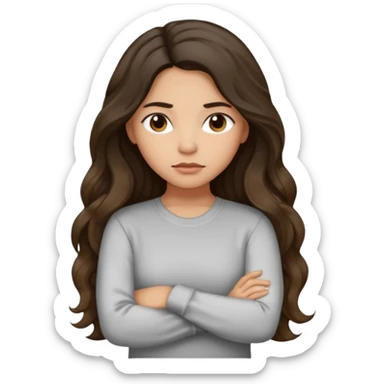 Hispanic light tan girl with long dark wavy hair slightly pouting and arms crossed. Wearing a long sleeve. Hair with middle part. sticker