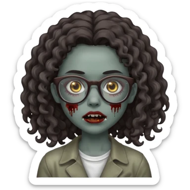 make a zombie girl with grey skin and long dark brown curly hair and glasses sticker