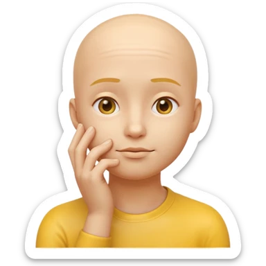 a 3D rendered yellow round face emoji with a thoughtful expression, one hand touching the chin in a pondering pose, no hair, smooth glossy surface, realistic shading and soft studio lighting, subtle reflections for depth, clean white background, high-quality digital render sticker