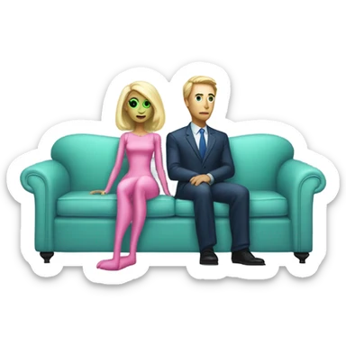 light green skin alien blonde woman in pink dress , and caucasian man in blue dress, sitting on a white couch  sticker