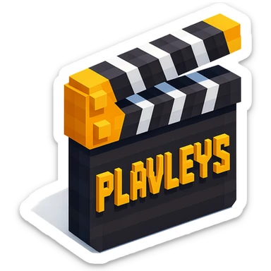 voxel style movie clapperboard with the text 'PLAVLEYS', gold lid, black and white stripes, isometric view sticker