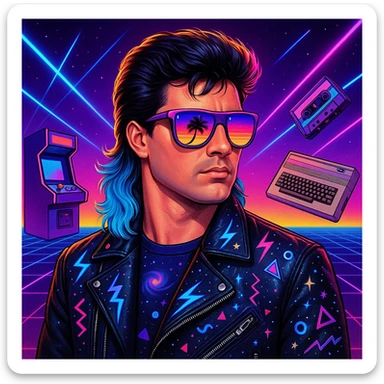 retro-futuristic 80s man with mullet hairstyle with neon blue ends, airbrushed sunglasses with pink to violet gradient and palm/sunset reflection, leather jacket with lightning, cosmic, and Memphis Design elements, neon gradient background with perspective grid, laser beams, cassettes, arcade games, Commodore 64, electric blue, fuchsia, turquoise, ultraviolet colors sticker