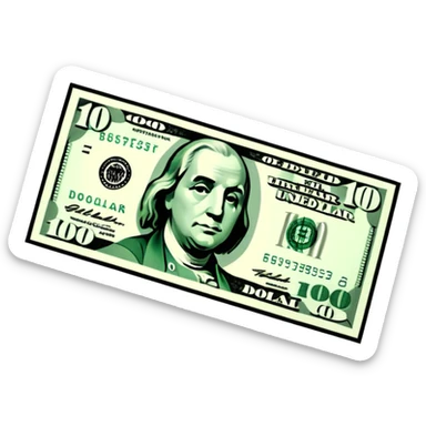3D realistic US 100 dollar bill sticker, slight perspective, centered, clean cutout, transparent background, no text, no watermark sticker