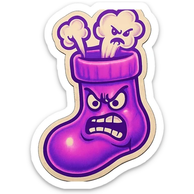 A neon-purple sock with a rage face, steam coming out of its top, representing extreme rage or anger. sticker