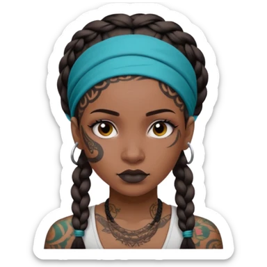 big lose braids starting from the top of the head woman face wiith big visible braids and mono color headband on head  face and braids as big as headband and lots and lots of face tattoos colored tattoos like a tattoo artist sticker