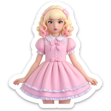 pale girl , who has curly medium length blonde and baby pink swirled hair with bangs , grey eyes , and doll like makeup , in a light pink lolita hime gyaru dress  sticker