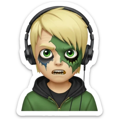 boy zombie whit blonde emo hair and eyes blue and GREEN SKIN and heandphones black AND A MICROFONE AND GOLD TEETH and agesive face and the hoodie black  sticker