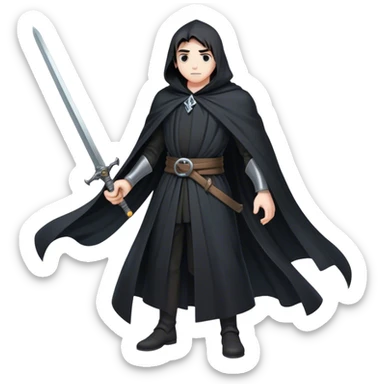 A lone swordsman in a flowing black cloak,  sticker