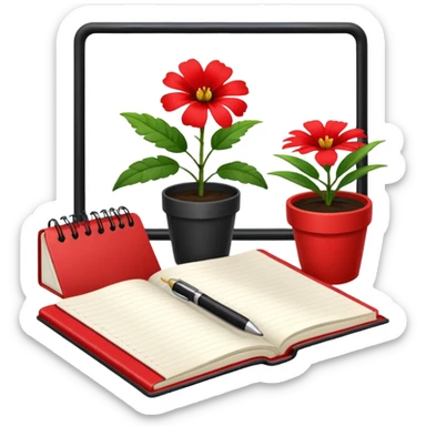 F U E R A    DE    O F I C I N A y detrás un escritorio moderno, con una notebook, una agenda y una planta con una flor sticker