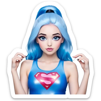 show all body-very very large chest-hands making heart-long legs-model beautiful face-black leggings-hands making heart emoji-light pink lips-very long straight-dark-blue to sky blue ombre hair-and-blue-eyes-thick-black-eyeliner-thick-long-eyelashes-sky blue with glitter superman low cut tanktop sticker