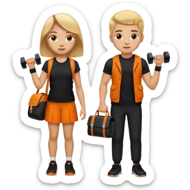 light skin students girl and boy with school bag full of books on hand and dumbell in other hand. Clothes are in black and orange colours. They are going to the gym. They have brown and blonde hair sticker