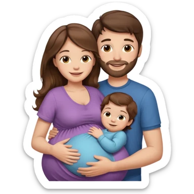 "Pregnant woman with long brown hair and fair skin holding a baby, and man with short brown hair and fair skin (without a mustache) hugging the pregnant woman, both smiling."
 sticker