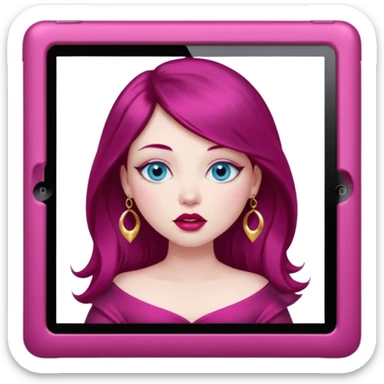 Realistic Beautiful pale skin baby blue sparkling eyes, plump red lips with gold lip ring, dark long burgundy hair, appears to be creating artwork on her fuchsia pink ipad sticker